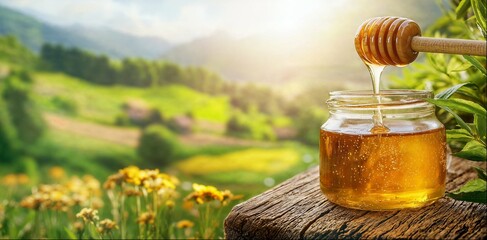 Honey pouring from honey dipper into jar, close-up, sunny landscape with flower meadows, copy space