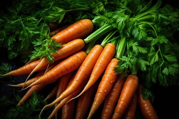 Pile of fresh orange carrots with green leaves, close up. Background of fresh vegetables.