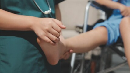 Wall Mural - Male doctor orthopedist examining patient's leg in clinic.