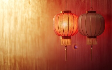 Two decorative lanterns hang against a warm, textured background, creating a festive atmosphere.