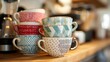 © chutikan - Vintage coffee cups with unique patterns stacked in a charming kitchen setting