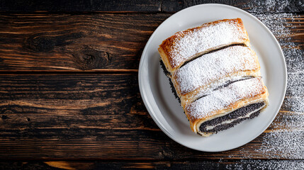 Sticker - Freshly baked poppy seed roll on white plate, sprinkled with sugar powder, set on rustic wooden table. Perfect for culinary projects