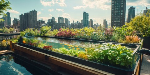 Wall Mural - Rooftop garden with fish pond and city view.