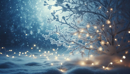 Wall Mural - A winter scene featuring frosted tree branches adorned with glowing string lights. Soft falling snowflakes fill the air while a blurred cool toned background creates a dreamy ethereal atmosphere