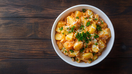 Traditional spanish tapas dish of patatas bravas served in a white bowl, topped with a spicy tomato sauce and fresh parsley