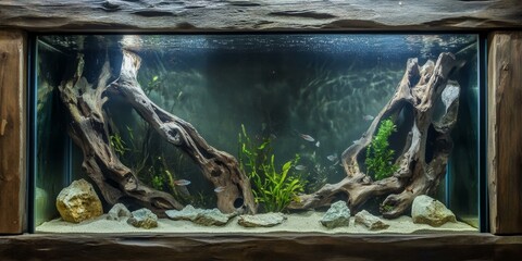 Canvas Print - Aquarium with driftwood, fish, and plants.