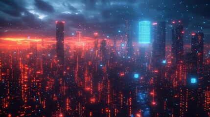 futuristic cyberpunk cityscape with neonlit geometric structures 3d cubes floating in blue light sleek skyscrapers and holographic technology displays