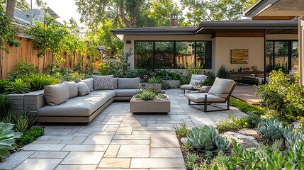 Wall Mural - Contemporary patio design with chevron-patterned pavers in light and dark gray tones, minimalist seating with clean lines and sharp angles, geometric planters with succulents,