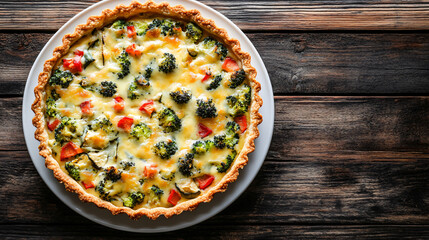 Wall Mural - Delicious homemade quiche with vegetables and cheese baking in the oven on a dark rustic wooden background