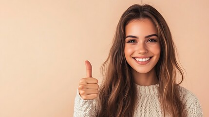 Positive Energy - Cheerful young woman showing thumbs-up gesture against a cozy beige backdrop with copyspace.