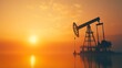 © Matthew - A silhouetted oil pump jack at sunset, reflecting in the calm water, symbolizing the energy industry and natural resources.