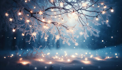 Wall Mural - A winter scene featuring frosted tree branches adorned with glowing string lights. Soft falling snowflakes fill the air while a blurred cool toned background creates a dreamy ethereal atmosphere