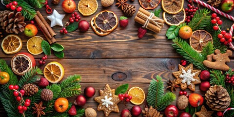 Christmas and Noel themed border with festive decorations, biscuits, cakes, fruit, chocolates, and winter flora on rustic oak background flat lay