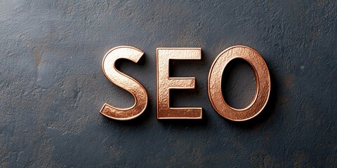 Stylish copper letters spelling SEO on a textured dark background, symbolizing digital marketing and online visibility.