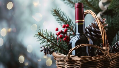 Christmas Cheer: A Bottle of Red Wine in Festive Basket