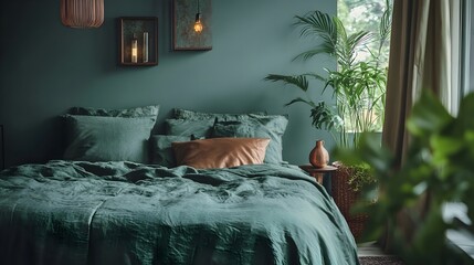 Wall Mural - Cozy and Stylish Bedroom Featuring a Harmonious Green and Copper Color Palette Providing a Peaceful and Relaxing Atmosphere