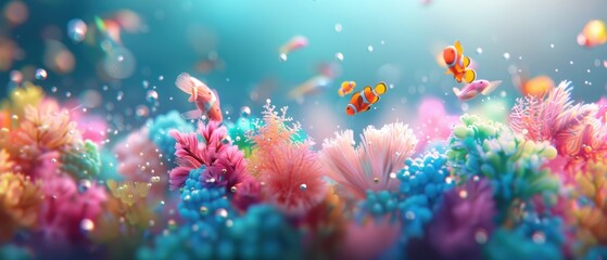 Dive into the Kaleidoscopic Depths - Vibrant 3D Illustration of Colorful Underwater World with Exotic Fish and Coral Formations