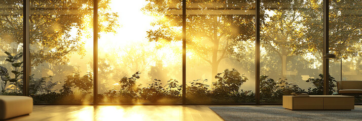 Canvas Print - Sunlight streams through large windows, illuminating a modern living space with a view of a lush, green forest.