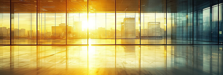 Canvas Print - A view of a city skyline through a large window, bathed in the warm glow of the setting sun.