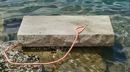 Wall Mural - Chic rectangular piece with a pink cord on a lakeside stone piece table