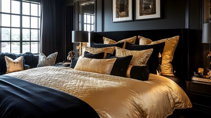 Wall Mural - Luxurious Black and Gold Bedroom Design with Plush Bedding and Sophisticated Decor  A tranquil and serene space exuding elegance and high end style perfect for a relaxing and indulgent retreat