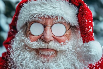 Wall Mural - An elderly man with a fluffy white beard smiles warmly while wearing a classic Santa hat. His glasses are frosted, capturing the essence of a chilly winter celebration