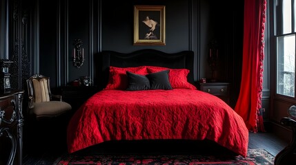 Wall Mural - Sophisticated and Moody Bedroom Design with a Captivating Black and Red Color Palette Creating a Warm and Intimate Atmosphere for Relaxation and Rest