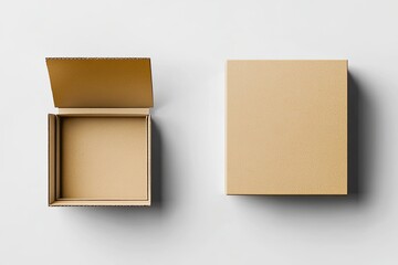 A mockup of two cardboard boxes, one closed and the other open