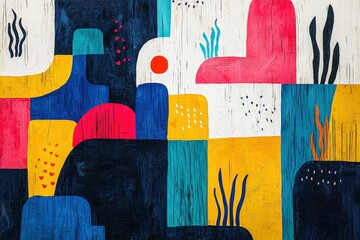 Poster - This vibrant mural showcases a collection of geometric shapes blended with organic forms, featuring bold colors and intricate details, creating a lively urban atmosphere