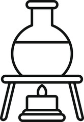 Poster - Line art icon of a round bottom flask containing liquid, being heated on a platform over a lit bunsen burner