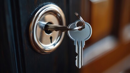 Wall Mural - Unlocking New Real Estate Beginnings - Silver Key in Open Door Lock with Home-Shaped Keychain.