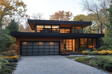 contemporary home exterior featuring sleek garage door with frosted glass panels black metal frame set in brick driveway with minimalist landscaping