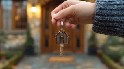 Wall Mural - Welcome Home - Hand Holding Key with Home-Shaped Keychain and Open Door in Bright New Home Interior