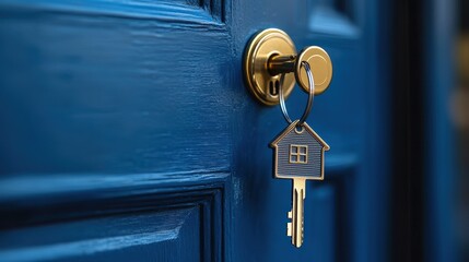 Wall Mural - Access to Home Ownership - Modern Door Ajar with Key and Home Keychain Symbolizing Property Ownership