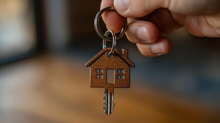 Wall Mural - Welcoming Home: Close-up of Hand Holding Key with Home-Shaped Keychain, Door Slightly Ajar in Bright New Home