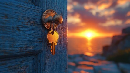 Wall Mural - Unlocking New Beginnings: Bright Interior Behind Open Door with Key and House-Shaped Keychain, Mortgage and Investment Concept