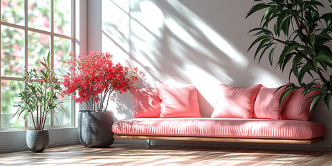 Canvas Print - A pink sofa with pillows sits in a bright room with plants and a window.