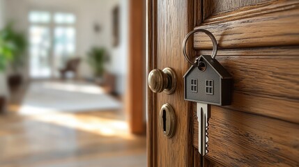 Wall Mural - Unlocking New Property Investment - Close-up of Keychain on Key in Open Door