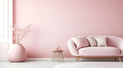 Wall Mural - Soft and Feminine Living Room with Blush Pink Walls Rose Accents and Modern Minimalist Interior Design  Cozy Comfortable and Inviting Atmosphere