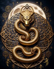 golden serpent intertwined with intricate symbols and runes, representing wisdom and trans