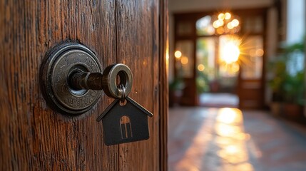 Wall Mural - Unlocking Real Estate Investment Opportunity - Key in the Lock with Home-shaped Keychain in Bright Interior View
