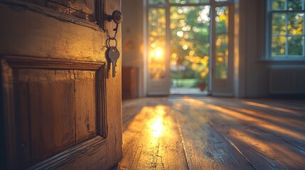 Wall Mural - Unlocking the Future: Mortgage Concept with Open Door, Key, and House-Shaped Keychain in Modern Empty Home with Sunlight