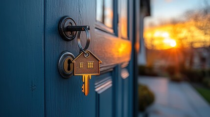 Wall Mural - Opportunity Knocks: Key in the Lock of Open Door with Home-Shaped Keychain, Bright Interior View. - Real Estate Investing Concept