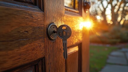 Wall Mural - Welcoming Real Estate Concept: Open Door with Key and Home Keychain in Bright New Interior