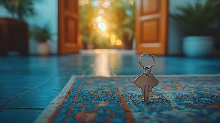 Wall Mural - Bright and Welcoming Real Estate Concept - Open Door with Key and Home-Shaped Keychain in New Interior Setting