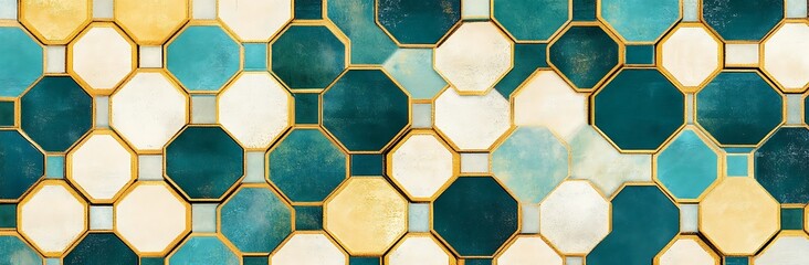 Geometric Honeycomb Inspired Fabric Design in Teal, Gold, and Cream