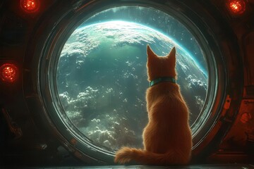 Wall Mural - cosmic canine gazes at earth from a futuristic spacecraft window combining whimsy and wonder in a surreal space exploration scene