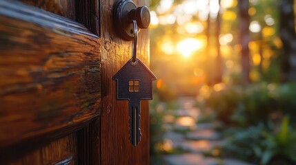Wall Mural - Inviting Entrance: Key to Modern Home with House-Shaped Keychain, Symbolizing Property Investment