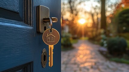 Wall Mural - Welcome to Your Future Home - Key with House-shaped Keychain Symbolizing Property Investment and Real Estate Ownership