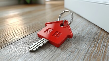 Wall Mural - Symbolic Close-Up of Home-Shaped Keychain on Key in Open Door, Excitement of New Home Ownership Concept